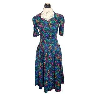 Vintage RGY Womens Dress Floral Button Prairie Pleated CottageCore Retro